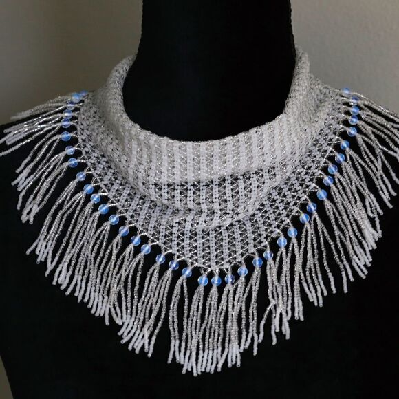Handmade Bridal White Seed Bead Scarf Necklace | Fringe Beaded Choker Collar - Picture 7 of 7
